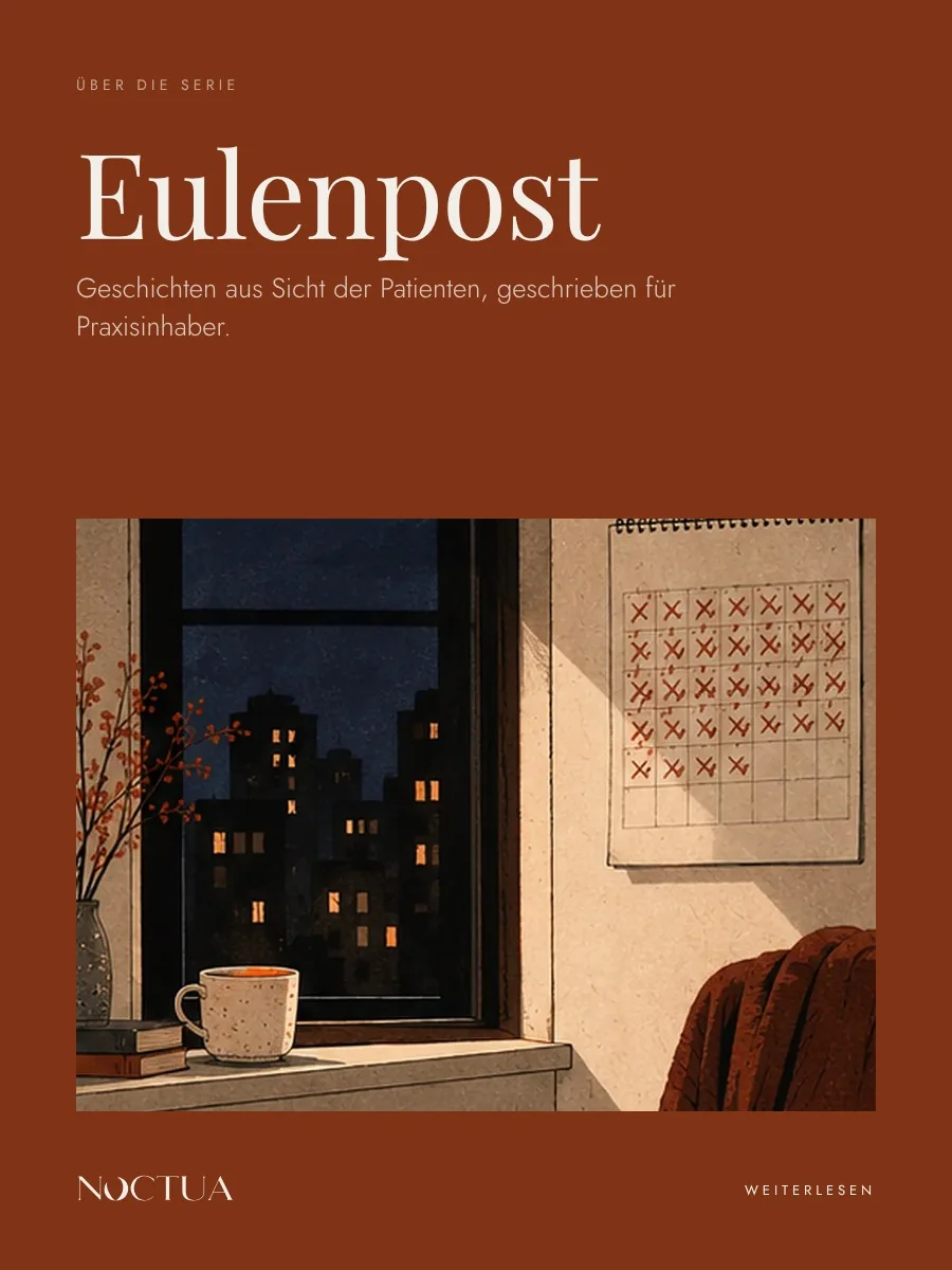 Eulenpost, Illustration eines Fensters bei Nacht mit Kalender